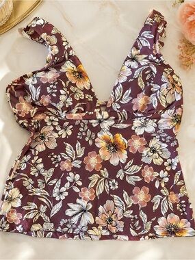 Freshwater by Rhapsody Brown Floral Tankini Swim Top Size M NWT